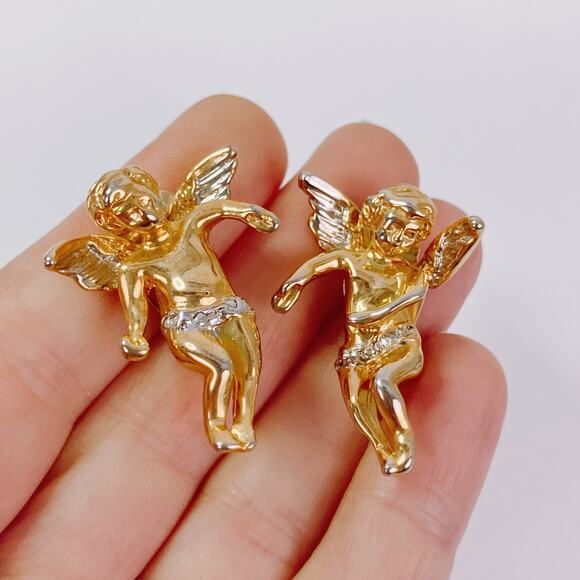 VTG Two-Tone Cherub Angel Clip On Earrings Baroque Revival Figural Romantic - Picture 2 of 11